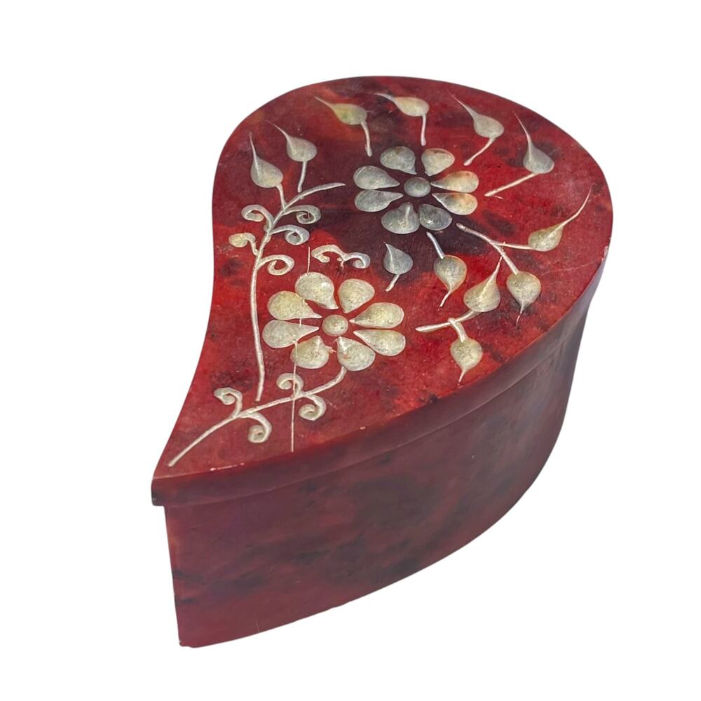 World Market Red Stone Teardrop Trinket Box Floral Carved India